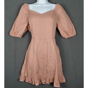 Womens L Pink Textured Stripe Sweetheart Neck Puff Sleeve Ruffle Hem Mini Dress